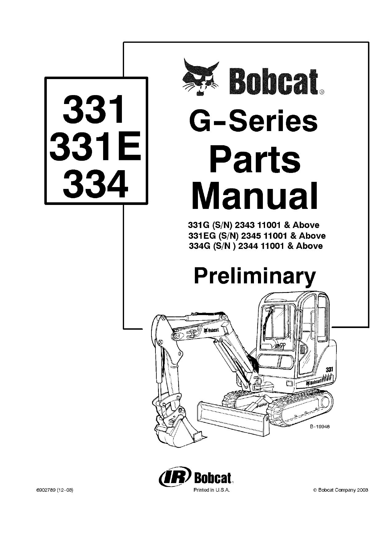 331G 331EG 334G Excavator parts manual Bobcat